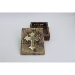 Religious Gift, Stone Trinket Box with Brass Cross Inlay, 4x3"